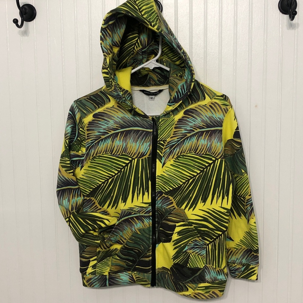JUNGLE GURL Sz 12 BOTANICAL HOODIE FullZip Heavy Cotton/Spandex EUC